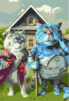 Кот и кошка на лужайке у дома