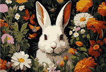 Белый пушистый зайчик в цветах