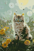 Полосатый котёнок в одуванчиках