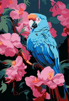 Яркий синий попугай в розовых цветах