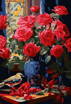 Букет алых роз в синей вазе