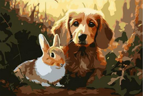 Рыжий щенок и маленький кролик