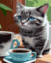 Серый котик и кофе