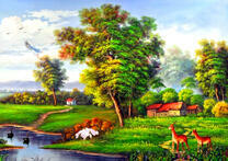 Птицы и олени у реки близь села