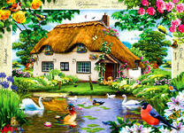 Дом с соломенной крышей с птицами