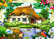 Дом с соломенной крышей и озеро