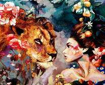 Львица и девушка в цветах