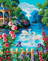 Белые лебеди на цветущем летнем озере