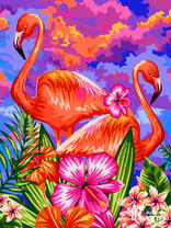 Пара розовых фламинго в цветах