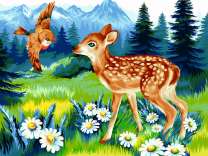 Олененок и воробей на лесной лужайке