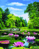 Яркие лотосы на небольшой реке