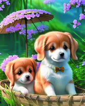 Милые щеночки в лодочке среди цветов