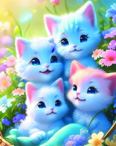 Белые котята в корзине среди цветов