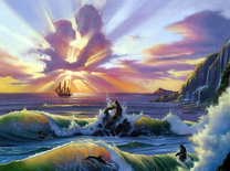 Парусник в море и влюбленные в небесах