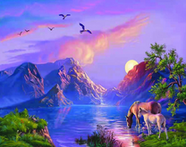 Лошадь с малышом у горного озера