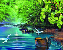 Лодка на реке в густом лесу