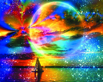 Парусник под огромной луной и красочным небом