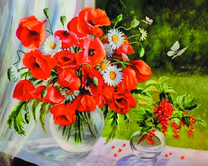 Букет полевых маков и ромашек на окне