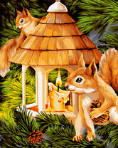 Пара белочек у домика со свечкой