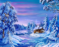 Заснеженный домик в лесу у реки