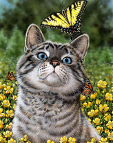 Полосатый кот среди желтых цветов