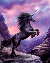 Черный единорог на фоне гор