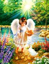 Маленький ангелок кормит утят