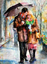 Семейная пара под прохладным осенним дождем