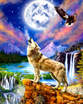 Волк и орел на фоне водопадов и полной луны