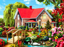 Дом с красной крышей у реки