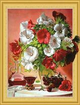 Букет петуний, вино и черешни