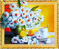 Букет ромашек и чай с лимоном