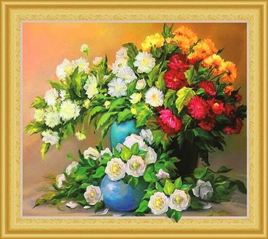 Алмазная мозаика 5D 40x50 Вазы с букетами роз и хризантем