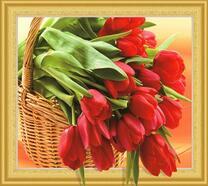 Плетеная корзинка с красными тюльпанами