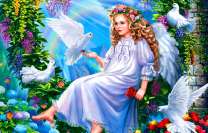 Девочка-ангел и в окружении белых голубей