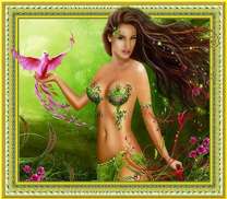 Девушка с птичкой в купальнике из цветов