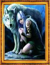 Девушка с голубыми волосами и волк