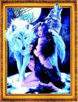 Девушка в шубе и белые волки под луной