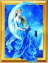 Девушка в голубом платье с котёнком на луне