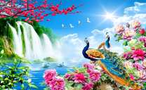 Пестрые павлины на фоне водопадов