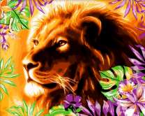 Лев среди цветов и листьев