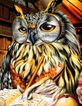 Филин в очках пишет в тетради