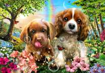 Милые щеночки и цветущая полянка в лесу