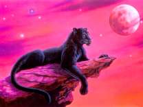 Черная пантера на фоне розового неба