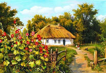 Сельской домик и мальвы