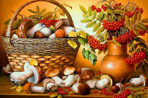 Лукошко белых грибов и рябина