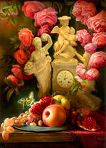 Натюрморт с часами, блюдом фруктов и розами