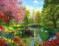 Пес у озера с лебедями