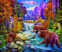 Семейство бурых медведей ловят рыбу на реке