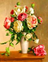 Цветные розы в белой вазе